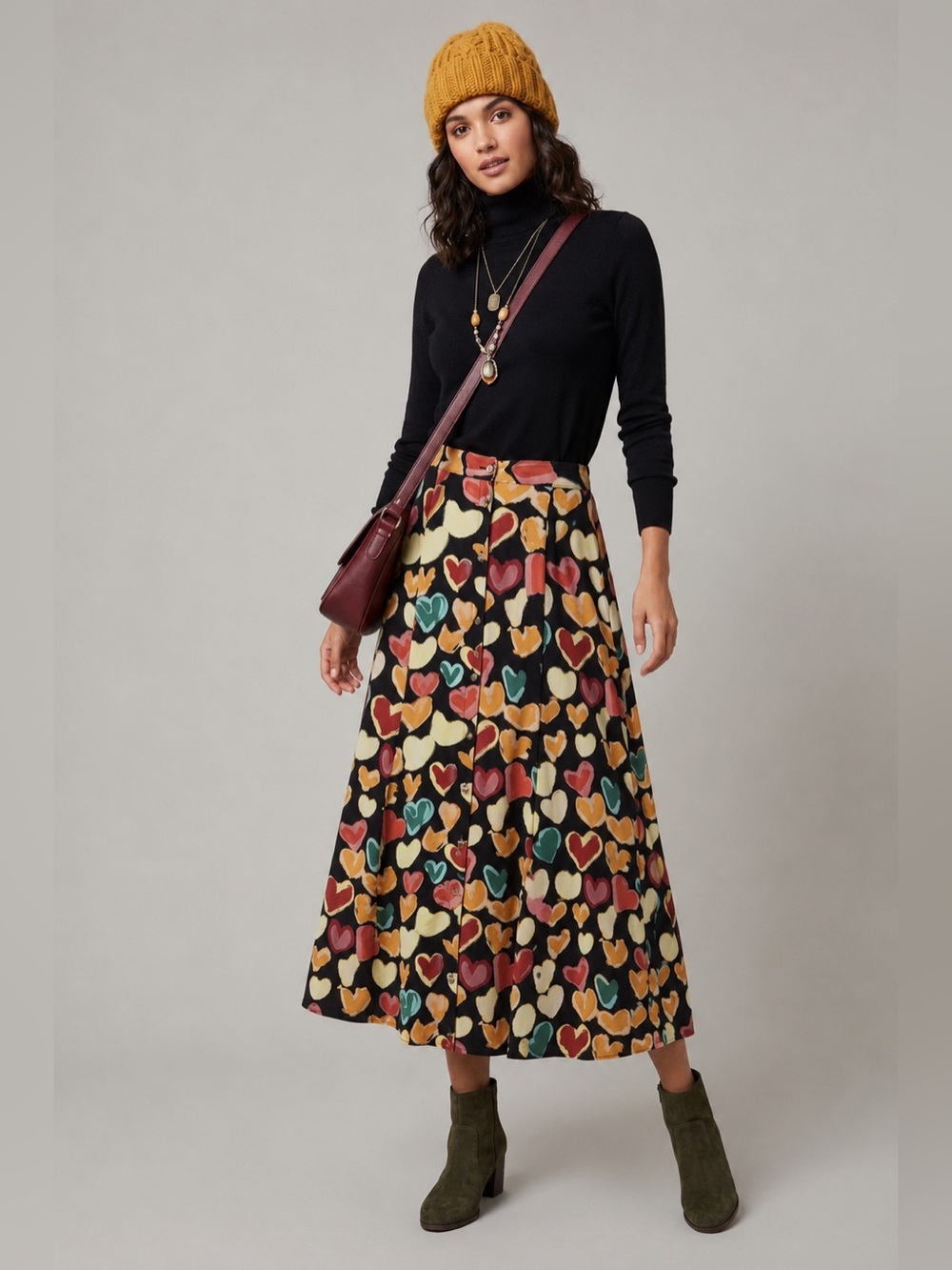 Vintage Terry Ward Black Multicolor Gored Button Front Midi Skirt Size L Retro